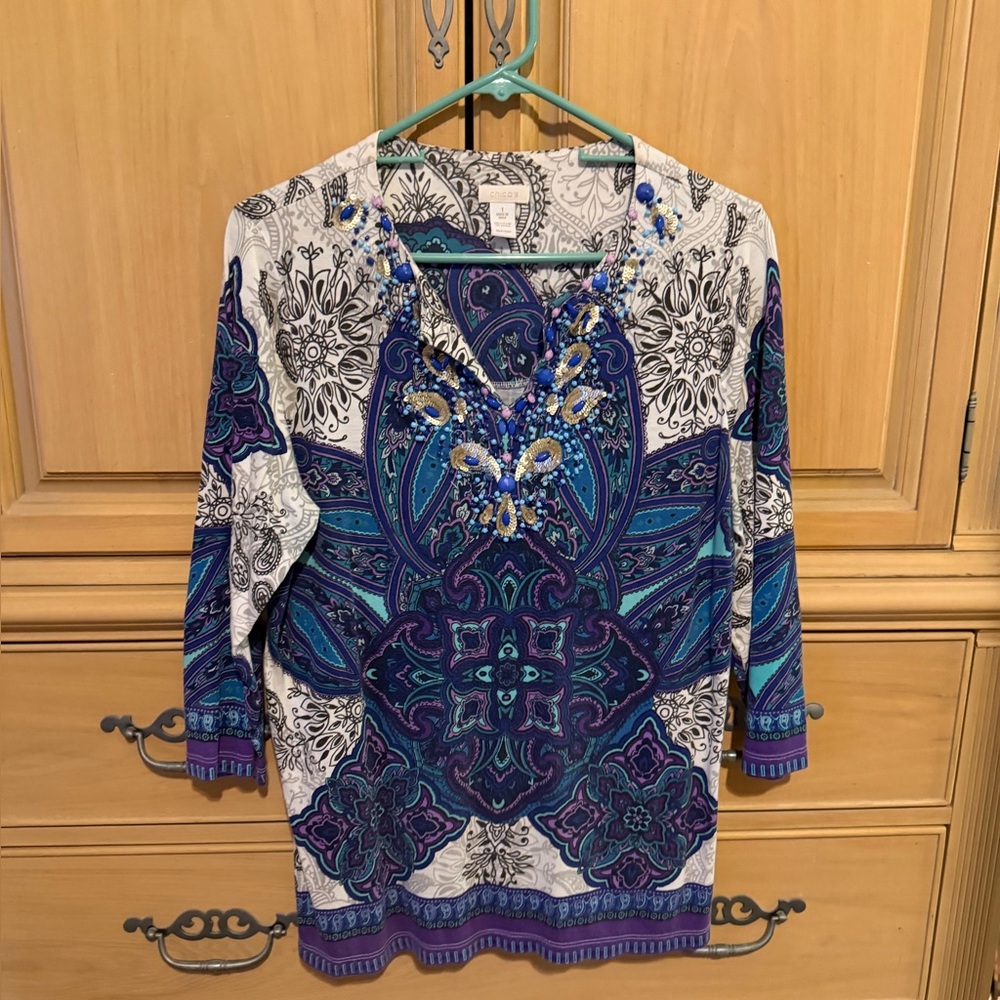 Chico's Multicolor Paisley Blouse with Embellished Neckline Chicos size 1